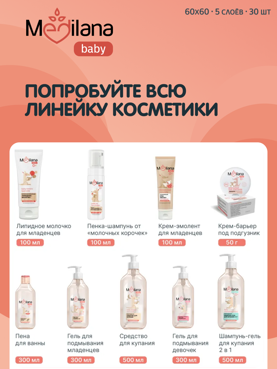 Пелёнки одноразовые MEDILANA 60х60 см 30 шт. - фото 9