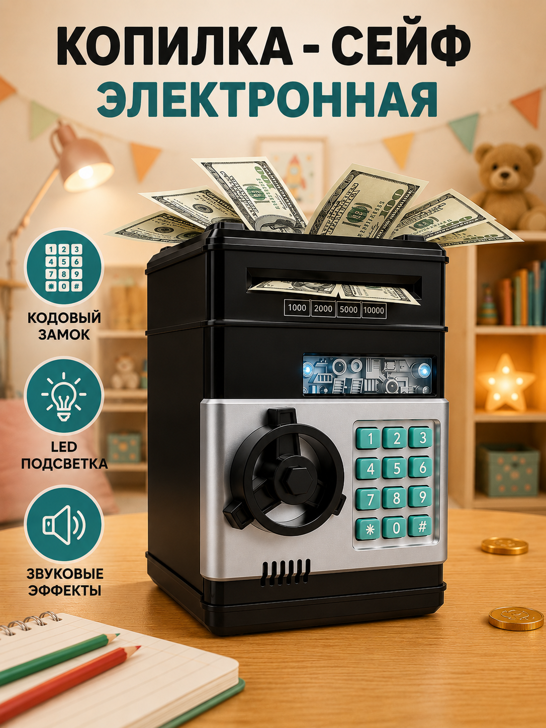 Изображение товара Детская электронная копилка-сейф BalaToys с кодовым замком и звуковым сопровождением
