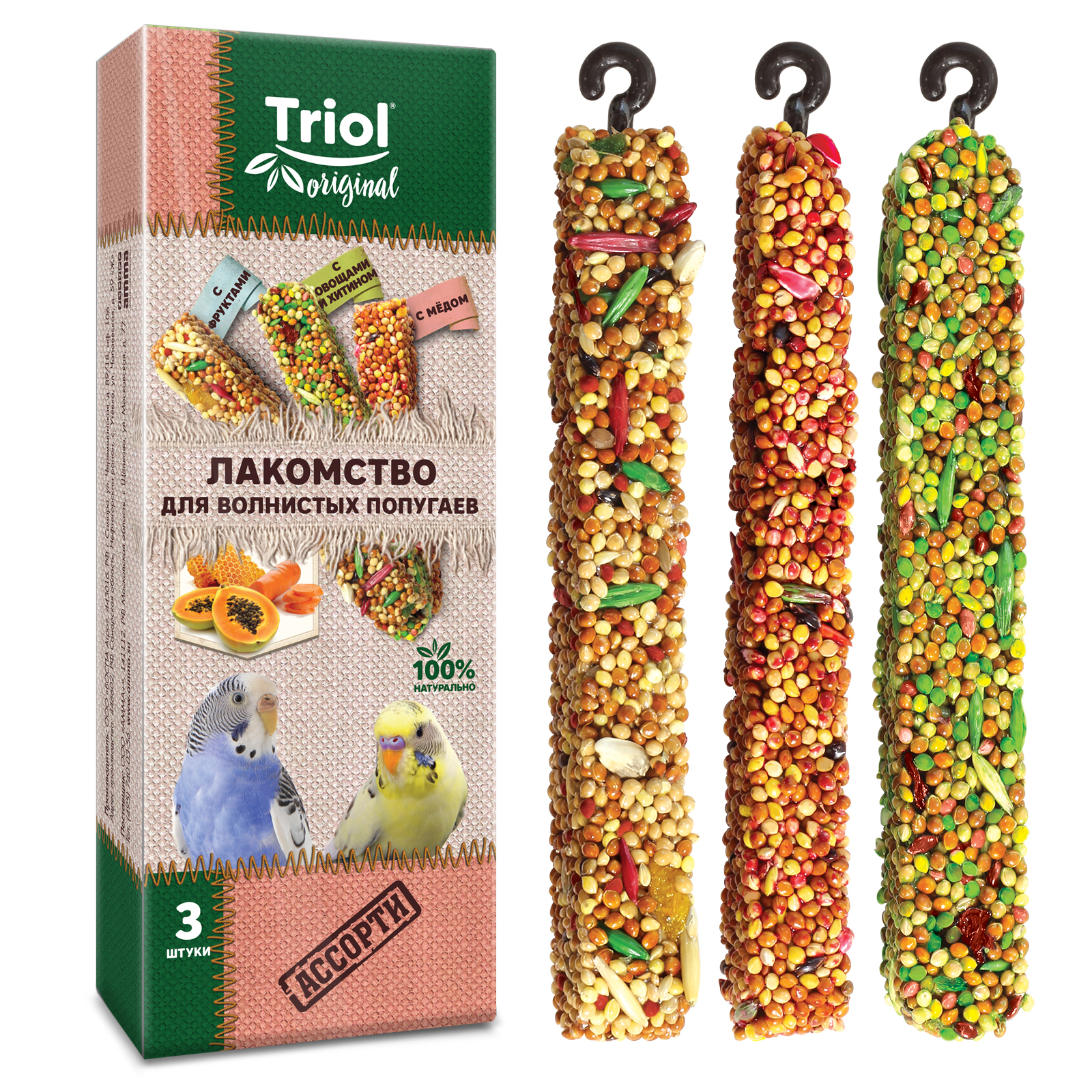 Лакомство для волнистых попугаев Triol 80г Original ассорти 3шт - фото 3