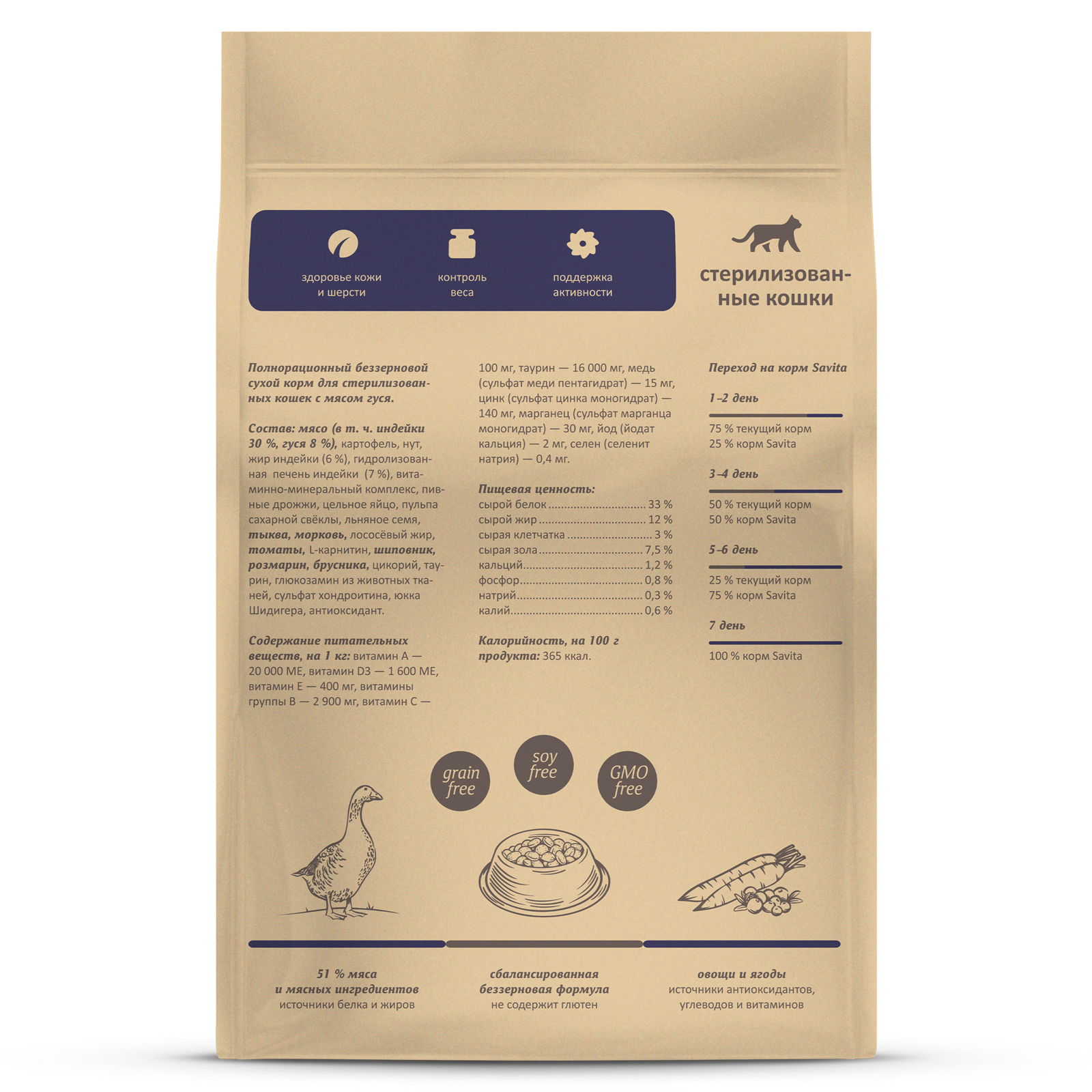 Корм для кошек SAVITA для стерилизованных сухой беззерновой с мясом гуся 400г - фото 11