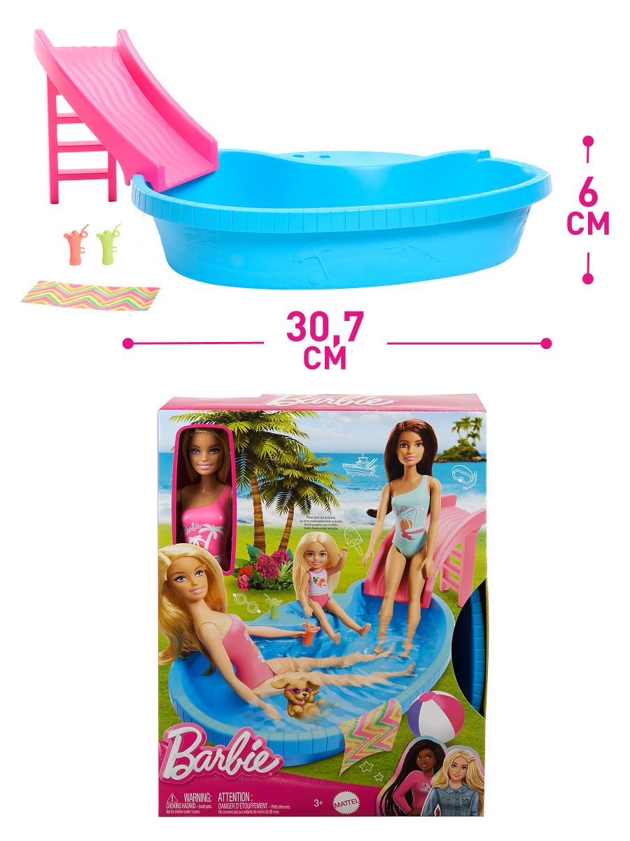 Кукла модельная Barbie HRJ74 с бассейном с горкой высота 29 см HRJ74 - фото 3