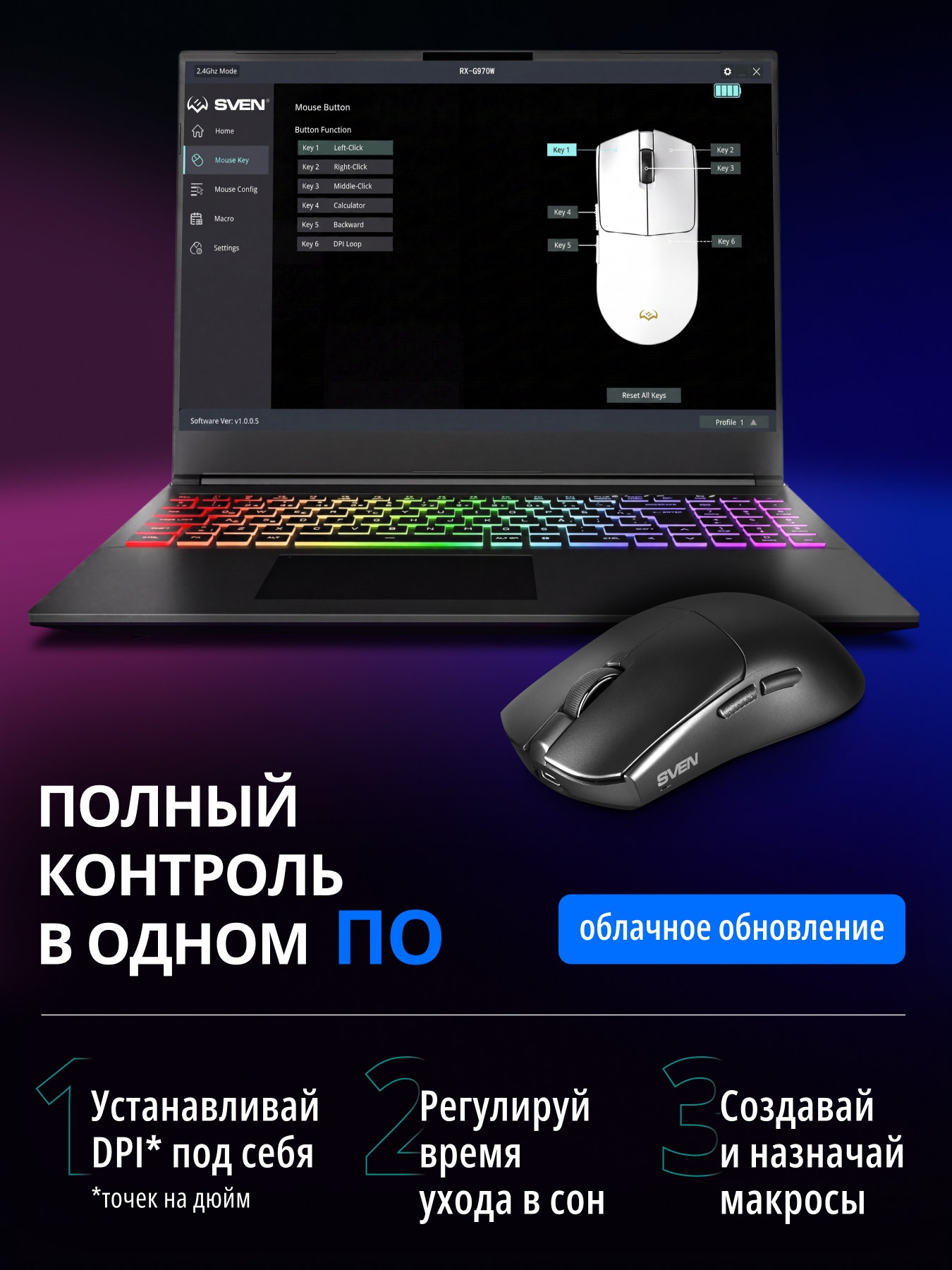 Беспроводная игровая мышь SVEN RX-G970W с ПО, 100-30000 DPI (точек на дюйм) - фото 6