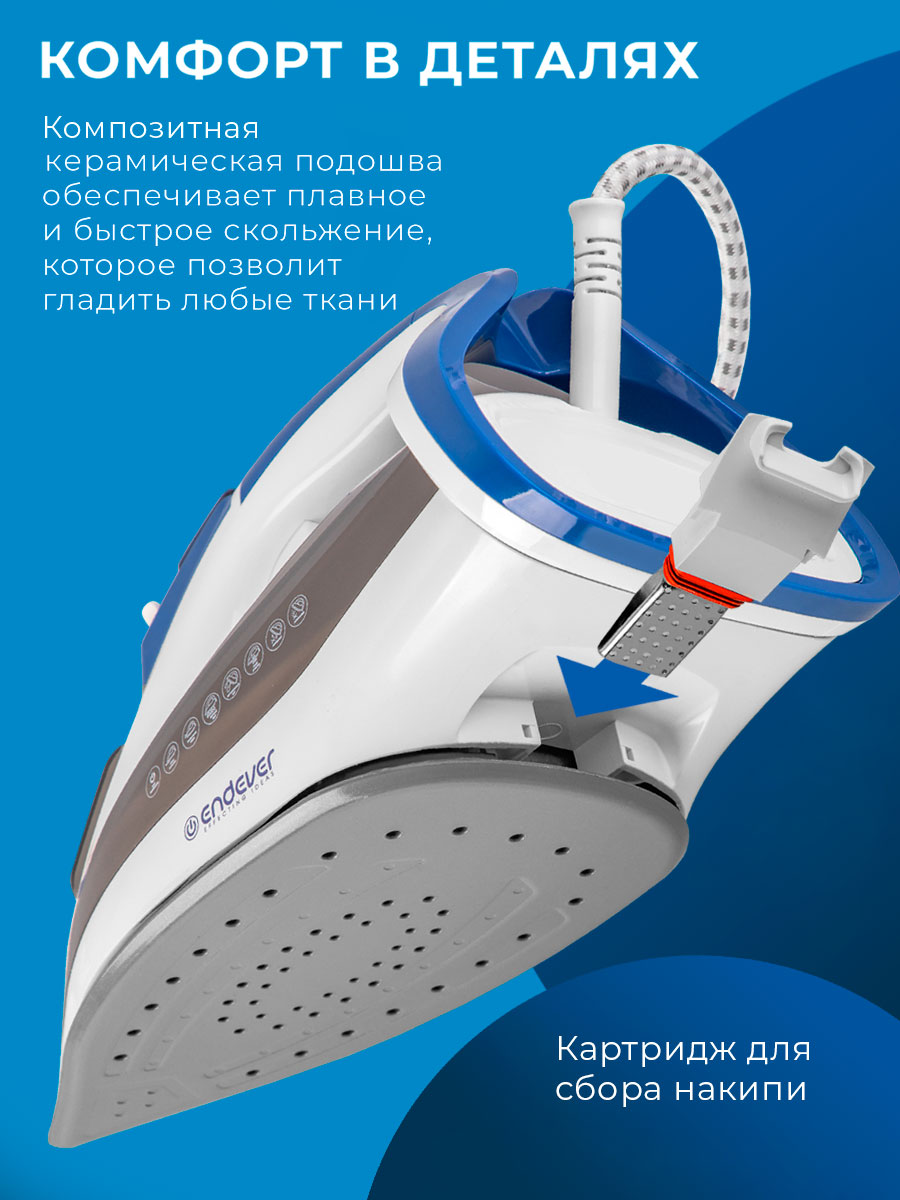 Электрический утюг ENDEVER Delta-231 3000 Вт 75 г/мин пара картридж от накипи - фото 5