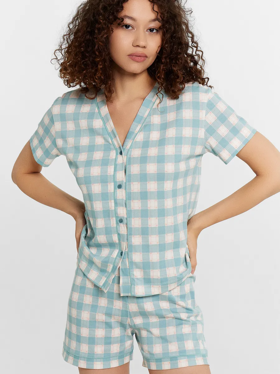 Изображение товара Пижама женская из хлопка Mark Formelle с шортами и рубашкой комфортный домашний комплект Изображение товара Пижама женская из хлопка Mark Formelle с шортами и рубашкой комфортный домашний комплект
