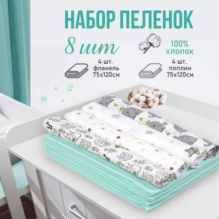 Набор пеленок Чудо-чадо «В роддом» ситец ассорти/фланель фисташка по 4 шт