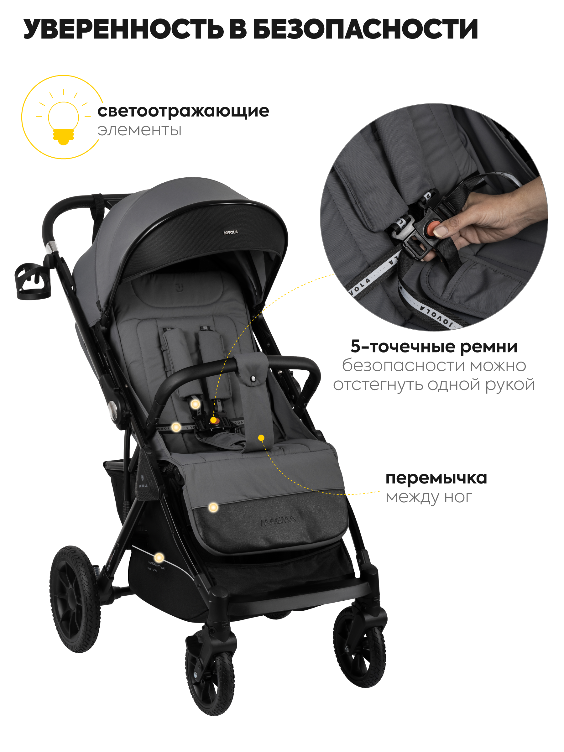 Коляска прогулочная JOVOLA Magma с перекидной ручкой серый - фото 5