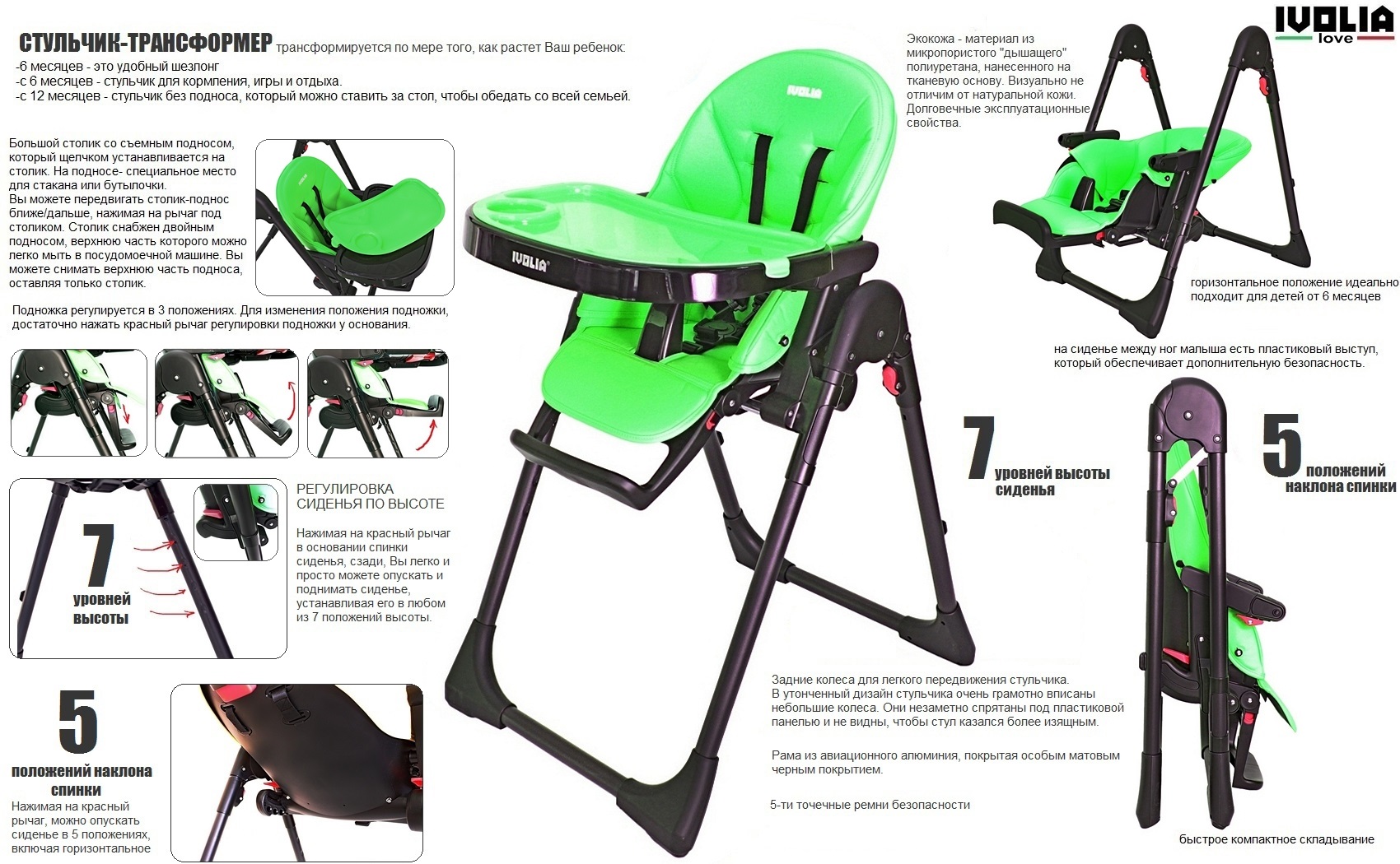 Стульчик для кормления Ivolia HOPE 01 2 колеса green трансформер - фото 12