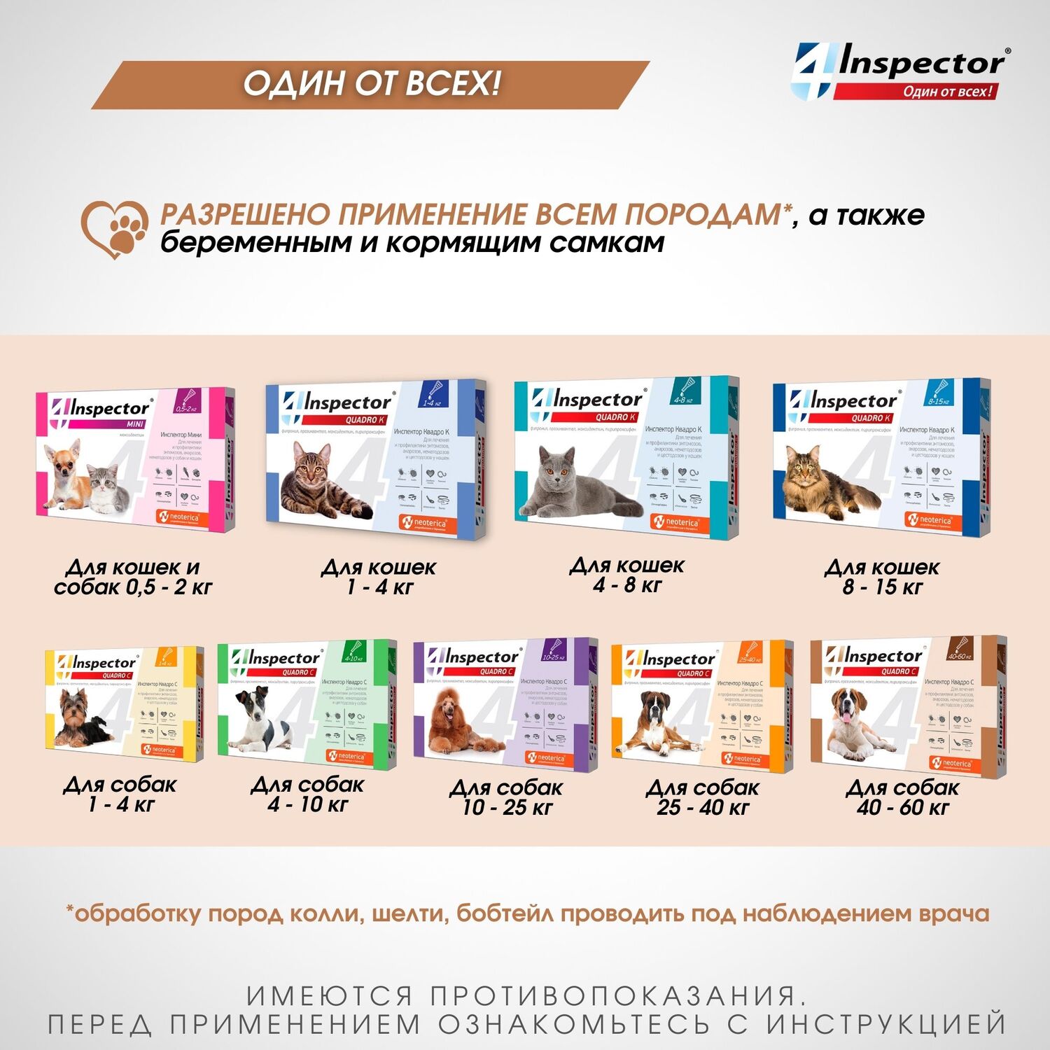 Капли от клещей, блох и гельминтов для собак Inspector Quadro 40-60кг 3пипетки - фото 9