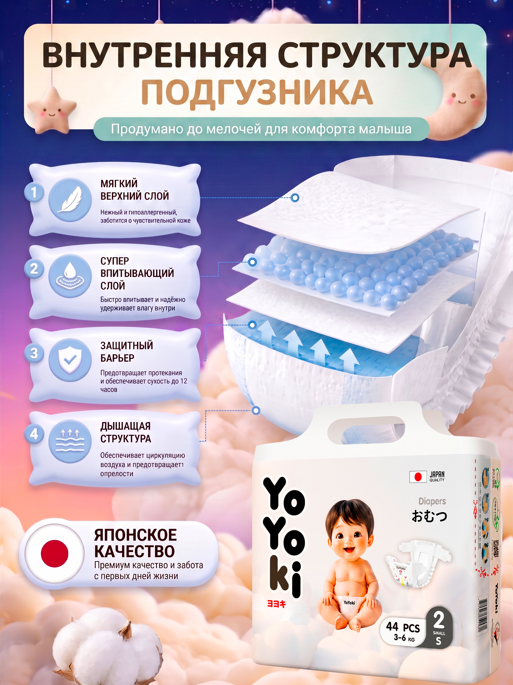 Подгузники Yoyoki 2 (3-6 кг.) 44 шт. - фото 3