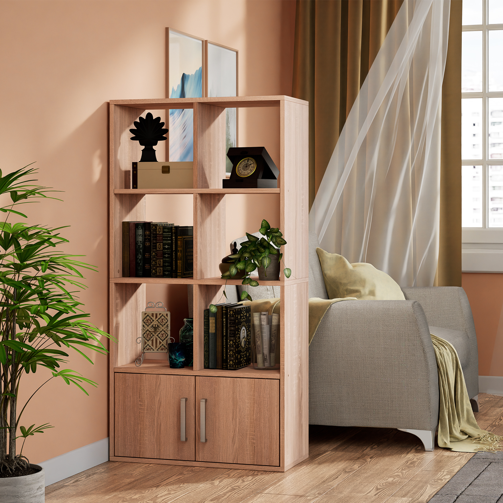 Стеллаж LETTA Quattro New 8 секций с дверками Дуб сонома 642х1268hх292 - фото 10