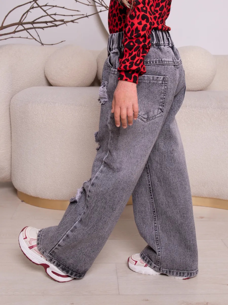 Джинсы iUkoworld Джинсы подростковые рваные широкие на резинке - фото 8