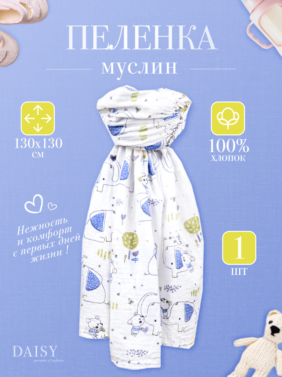 Пелёнка Daisy Слон и Мишка муслин 130х130 см - фото 3
