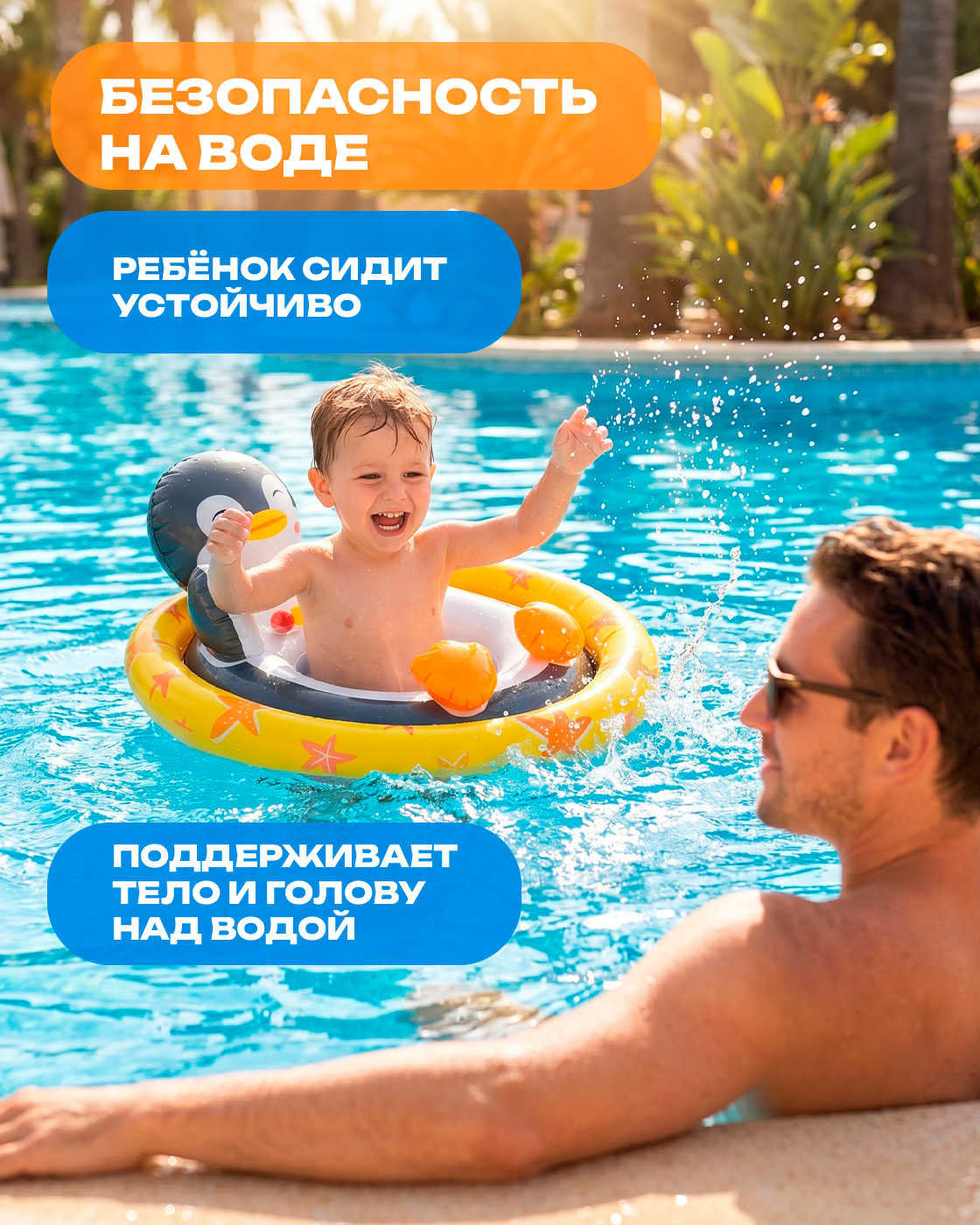 Круг для плавания детский Intex с ножками трусиками пингвин 3 - 4 года для бассейна моря 76 × 58 см - фото 2