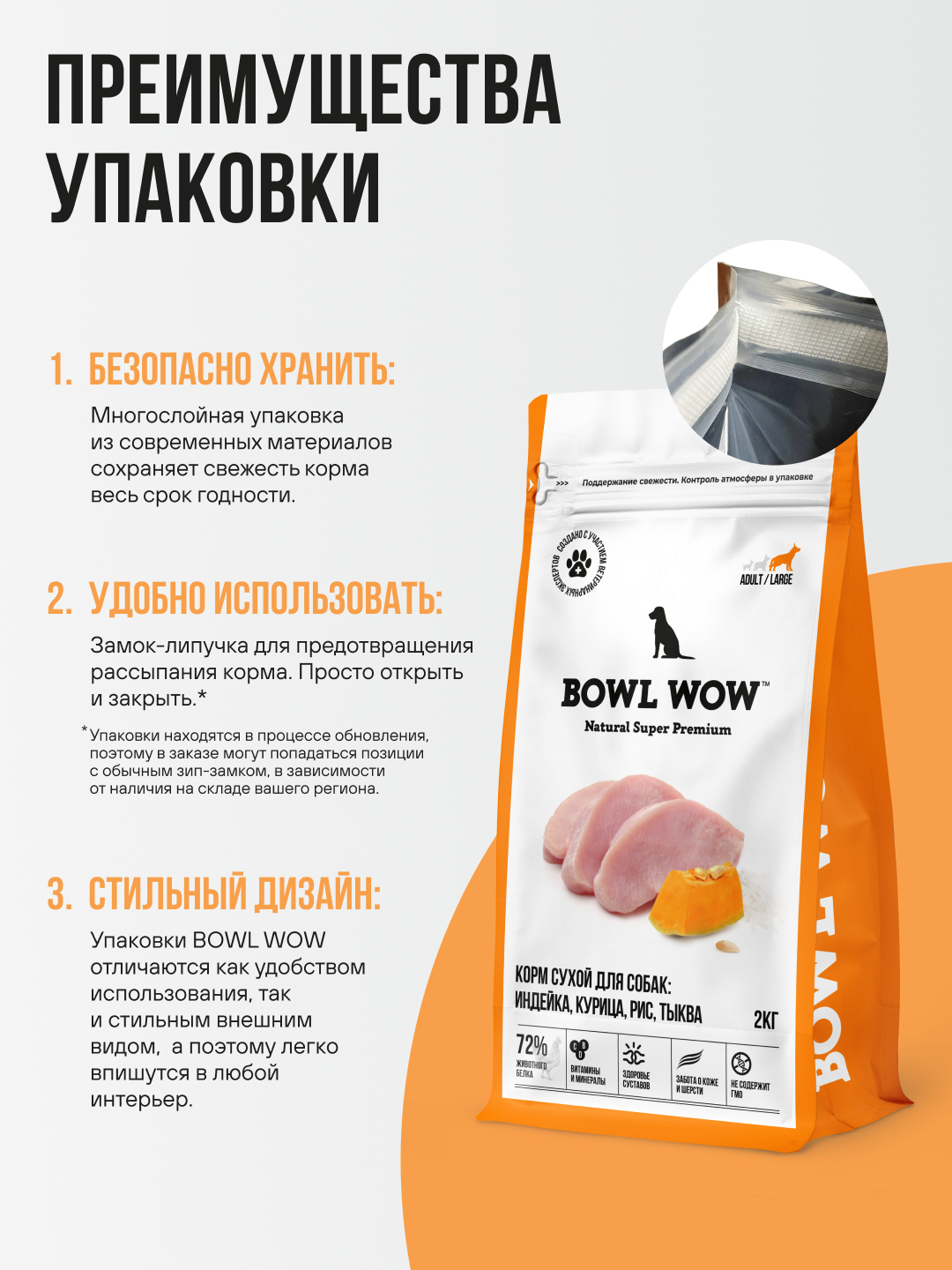 Корм сухой полнорационный BOWL WOW для взрослых собак крупных пород с индейкой курицей и рисом 2 кг - фото 6