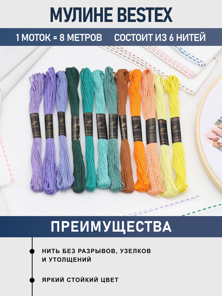 Нитки мулине хлопок для вышивания Bestex 12цветов 8м - фото 2