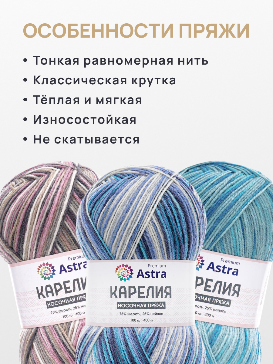 Пряжа для вязания Astra Premium карелия носочная шерсть нейлон 100 гр 400 м цвет 1006 2 мотка - фото 3