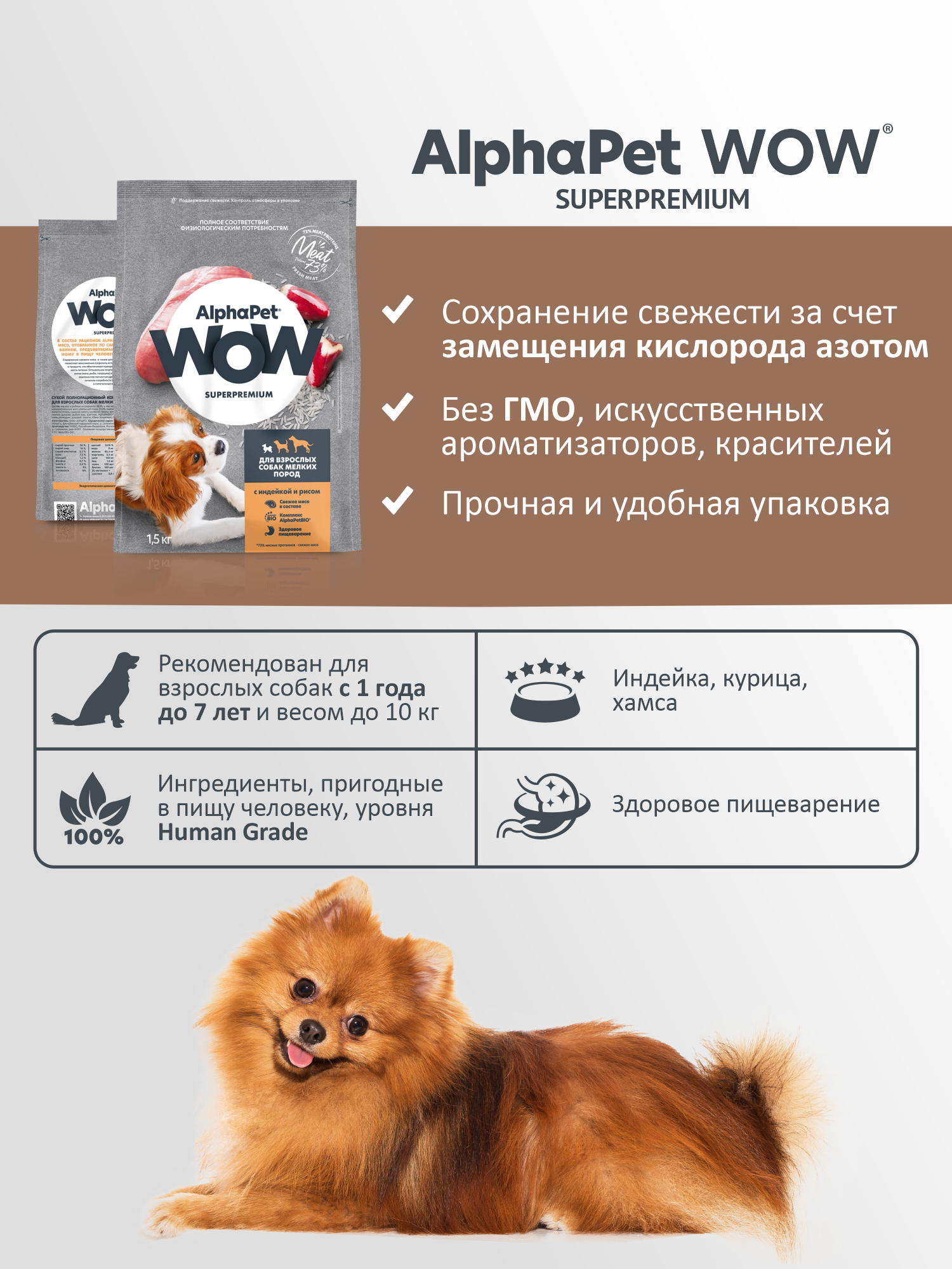 Сухой полнорационный корм холистик AlphaPet с индейкой и рисом для взрослых собак мелких пород 1,5 кг - фото 3