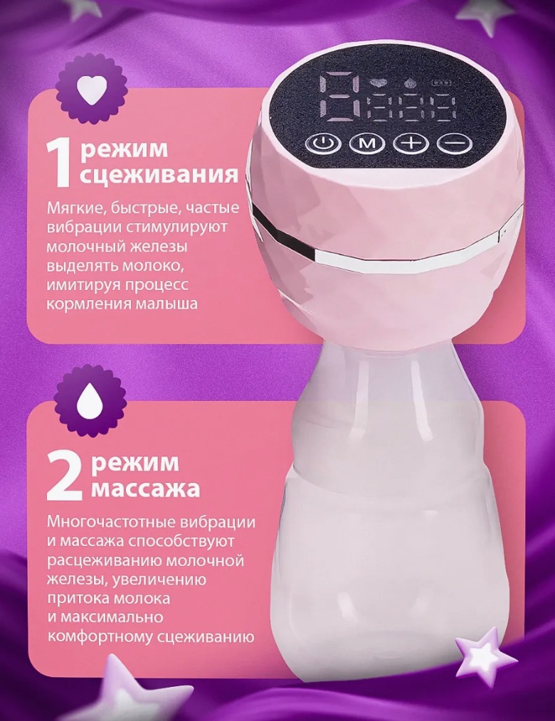 Молокоотсос электрический беспроводной CASTLELADY со встроенным аккумулятором бесшумный 3 режима работы розовый - фото 5