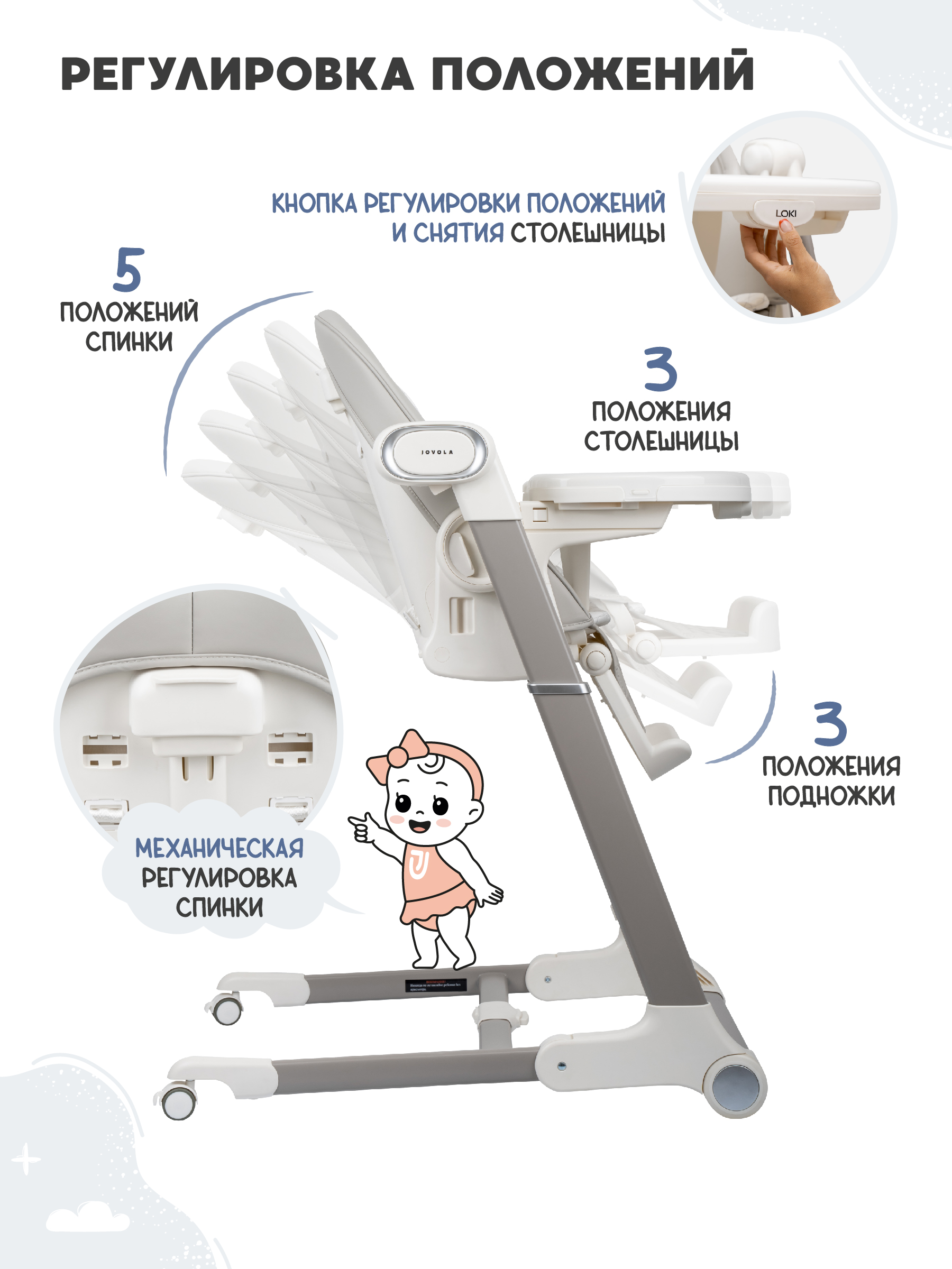 Стульчик для кормления JOVOLA Loki с функцией электрокачели серый - фото 5