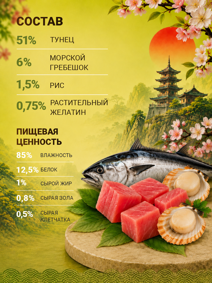 Корм для кошек влажный Prime ASIA Тунец с морским гребешком в желе жб 85г 12 шт. - фото 6