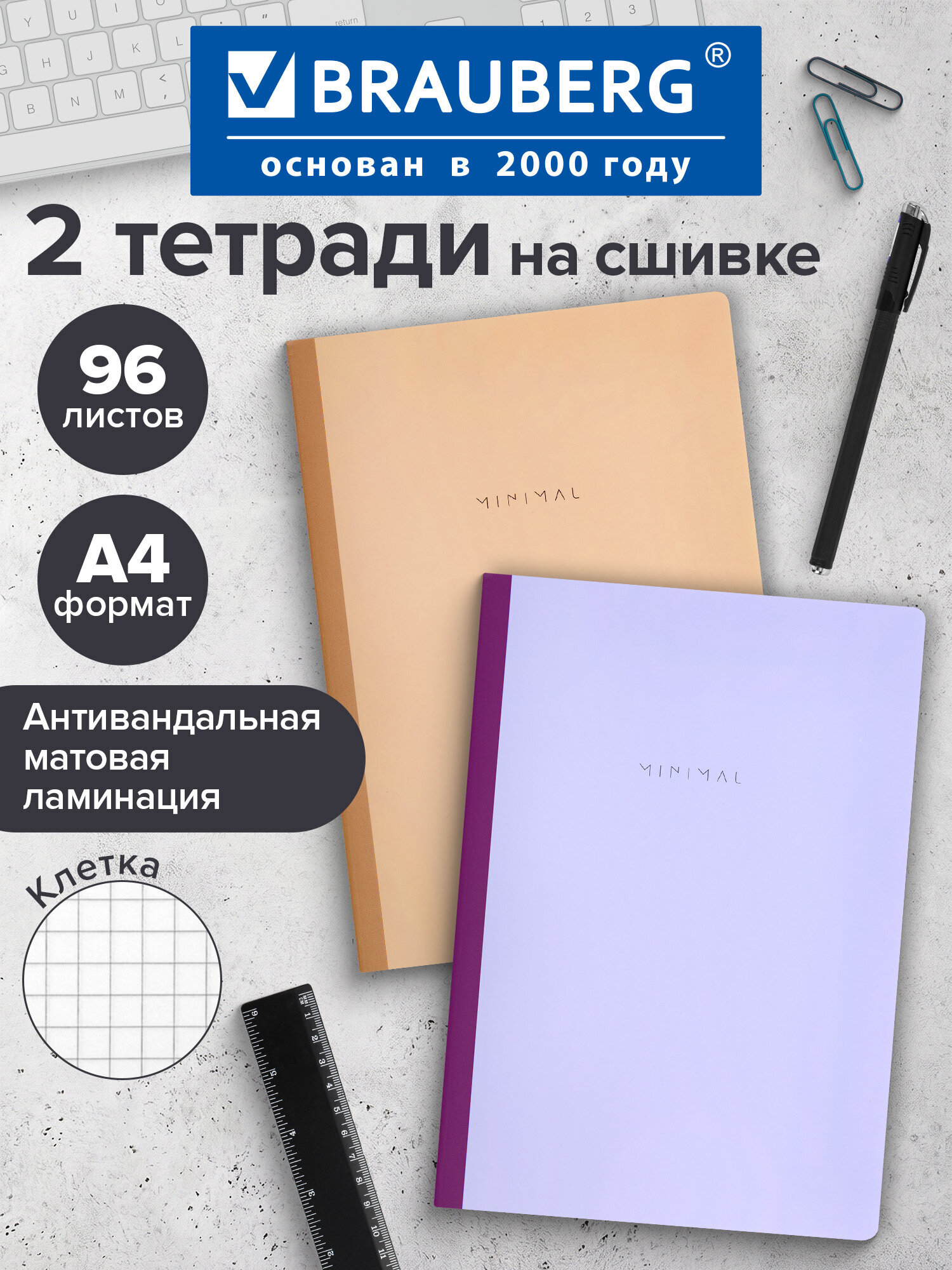 Тетрадь Brauberg клетка 96 лист. 2 шт. - фото 1