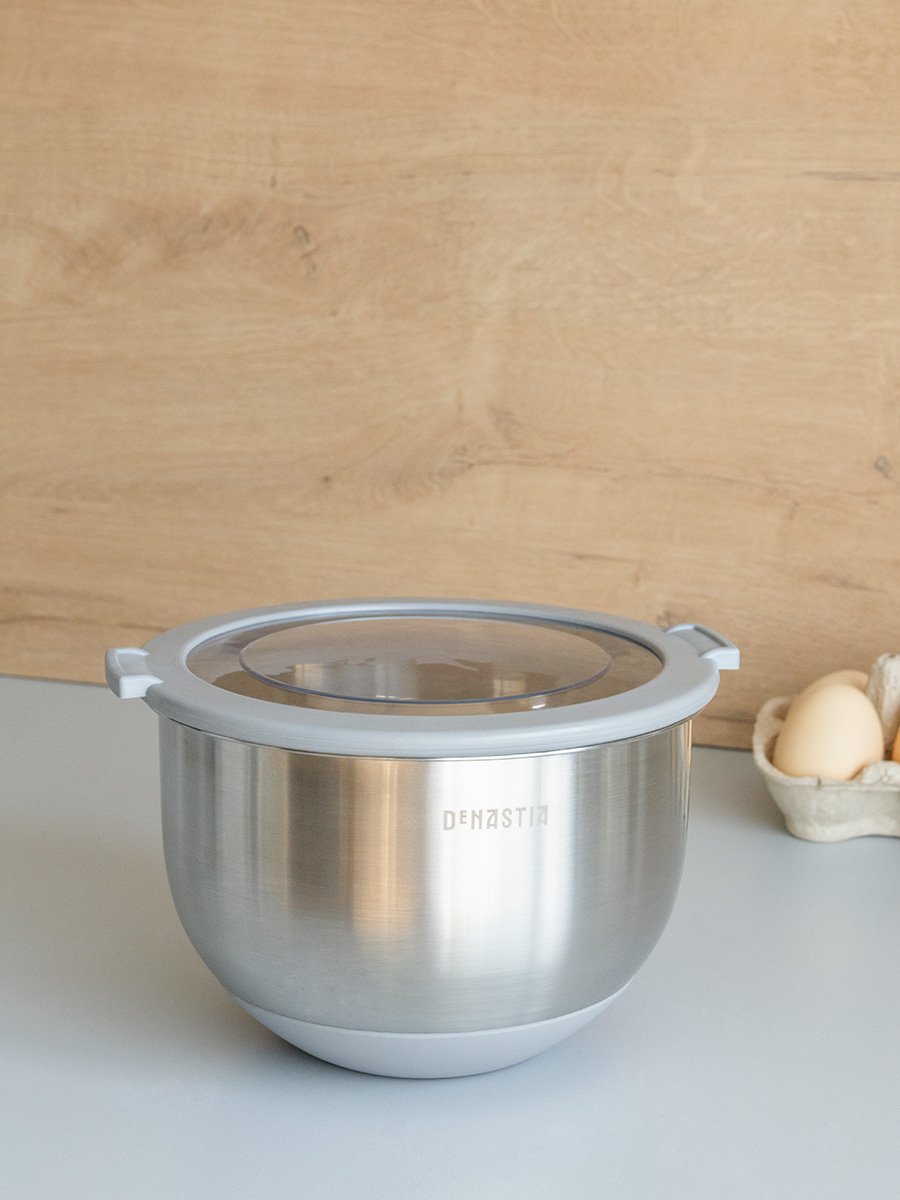 Миска DeNASTIA с прозрачной крышкой 1.5 л нерж.сталь серый A000337 - фото 1