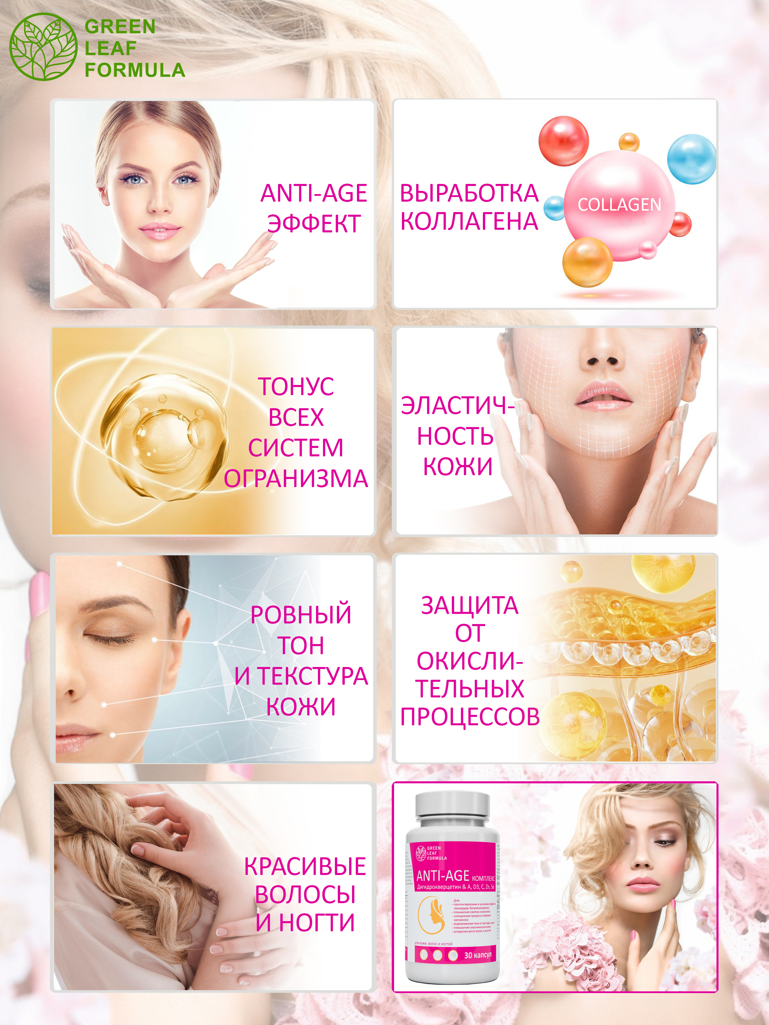 Комплекс ANTI-AGE Green Leaf Formula антиоксиданты витамины для кожи волос и ногтей - фото 7
