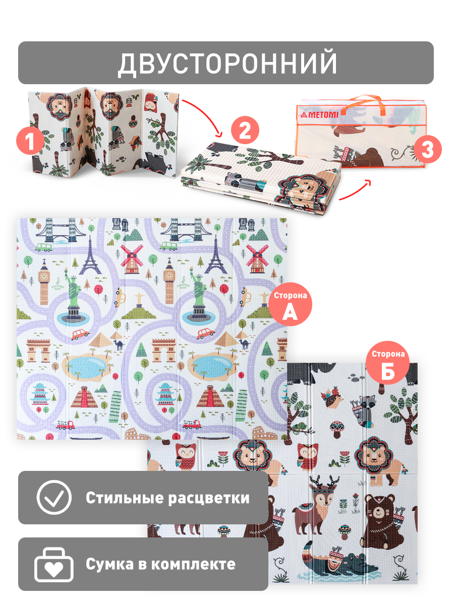 Коврик детский для ползания METOMI Яркие дороги/Зоопарк - фото 10