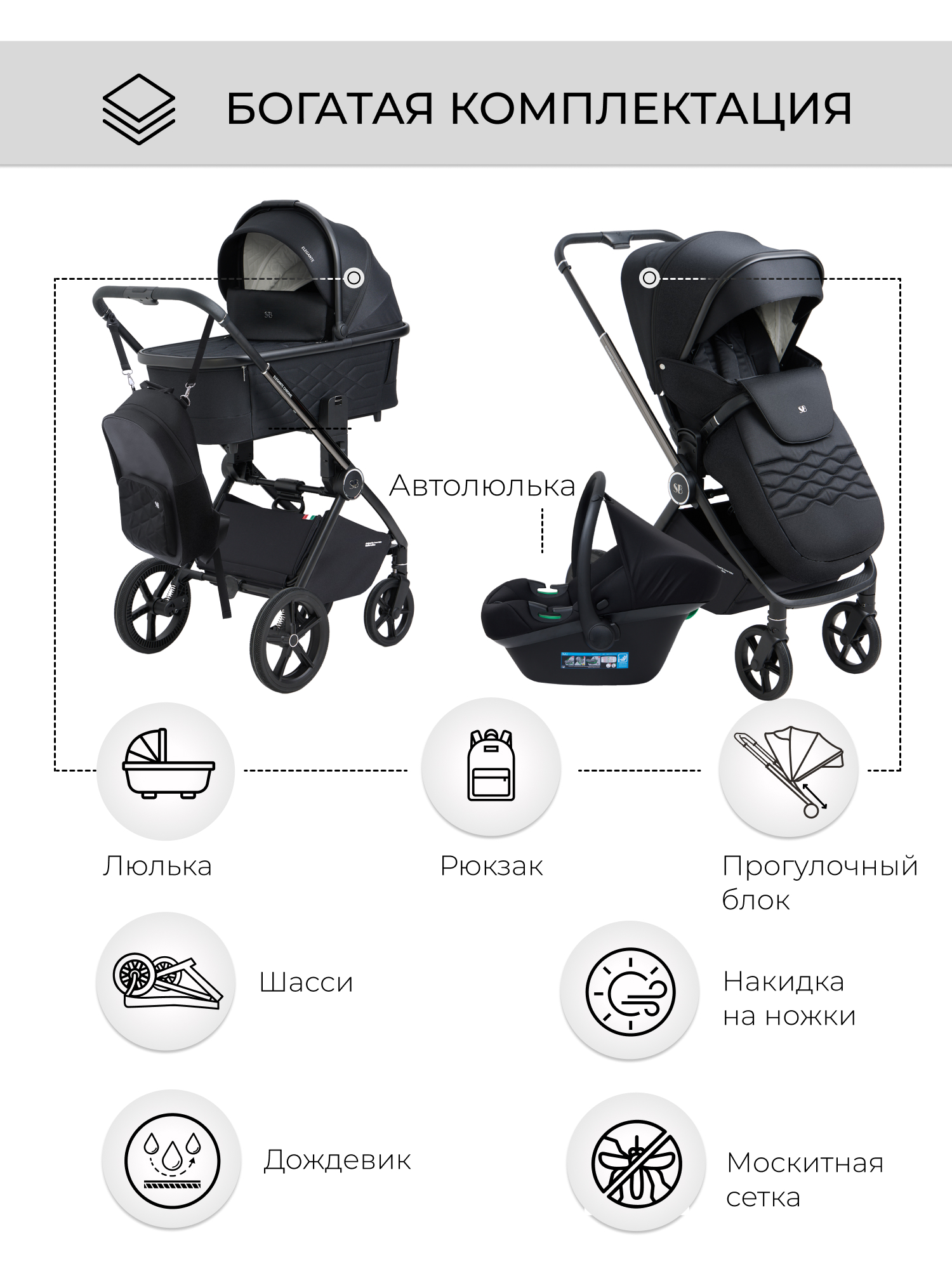 Коляска 3в1 Sweet Baby Elegante Chrome Black черный - фото 17