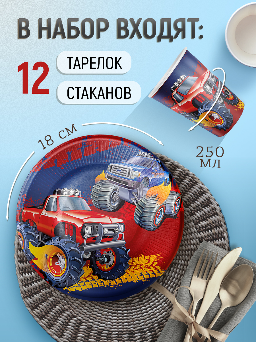 Набор тарелок и стаканов Большие гонки Империя поздравлений Набор одноразовой посуды - фото 2