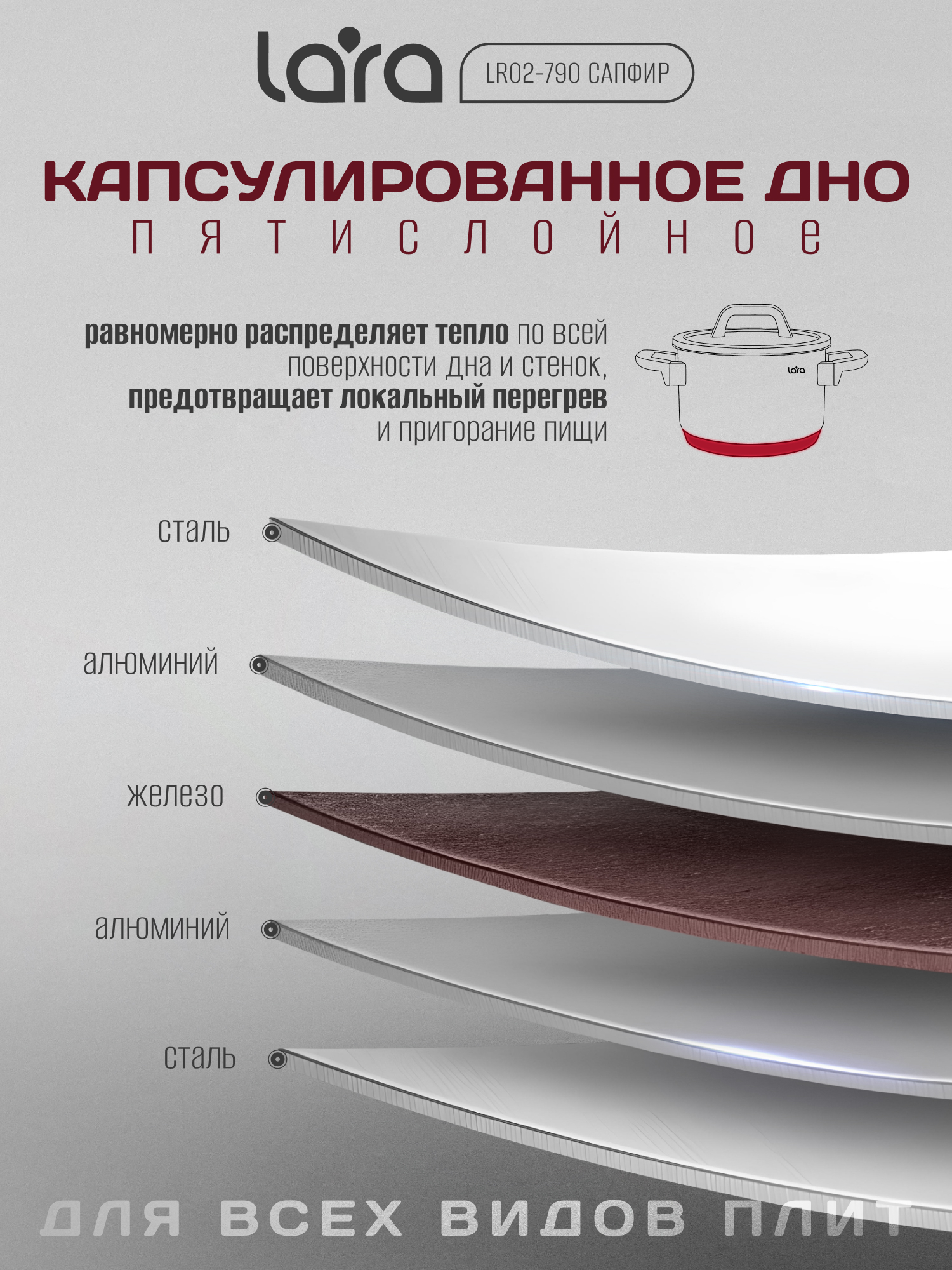 Кастрюля LARA LR02-790 нержавеющая сталь 2 л крышка со сливом серия сапфир - фото 4