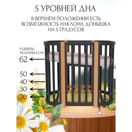 Детская кроватка Incanto NOVA овальная, без маятника (графит, бук)