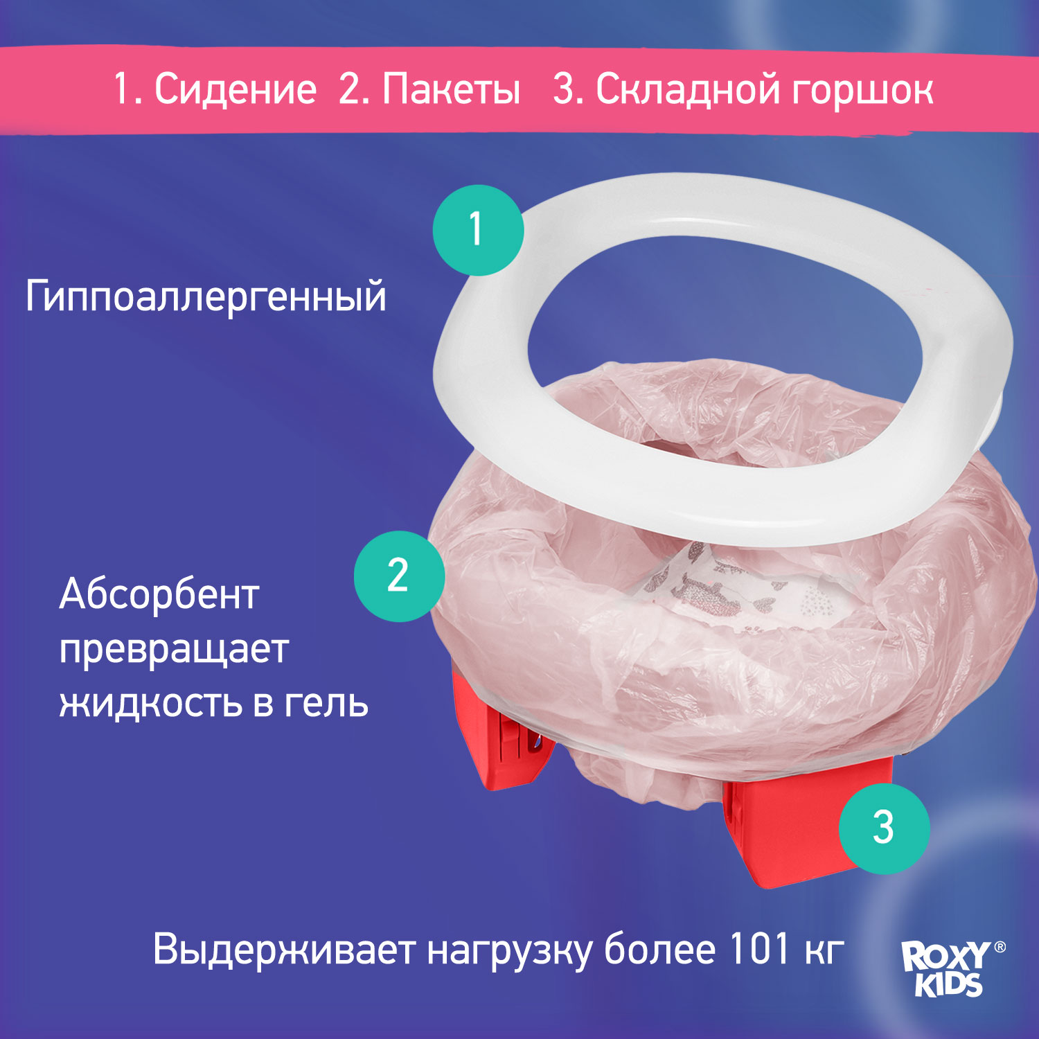 Горшок дорожный ROXY-KIDS складной с многоразовой вкладкой Handy Potty 3 в 1 цвет коралловый зеленый перламутр - фото 7