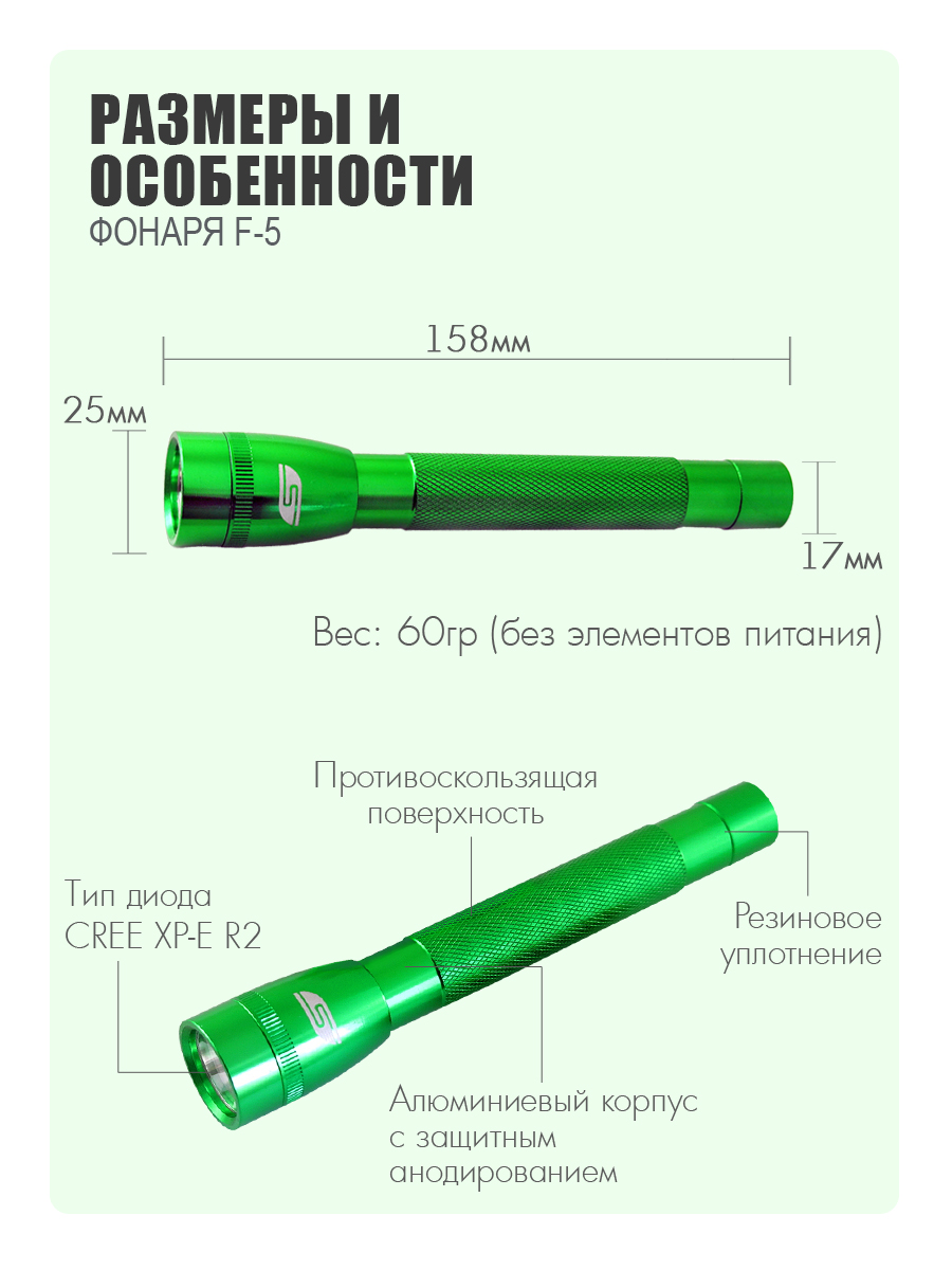 Ручной фонарь Solaris Зелёный светодиодный F-5 - фото 3
