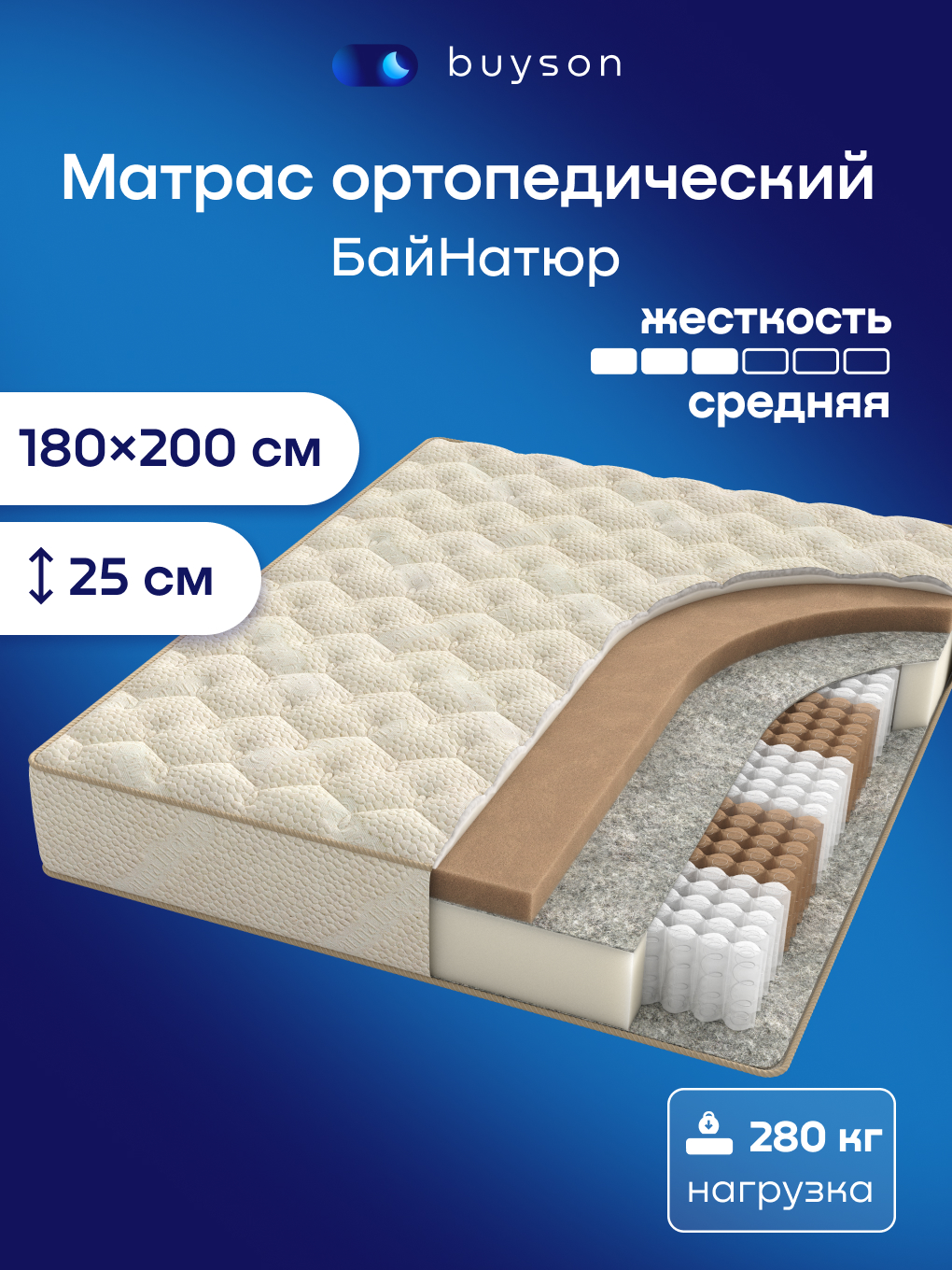 Изображение товара Матрас buyson BuyNature 200х180 см с независимыми пружинами и 7-зональным блоком