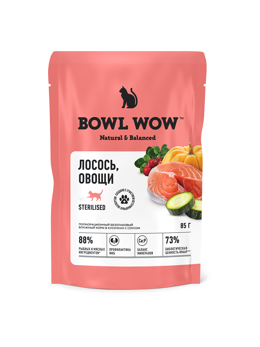 Полнорационный влажный корм BOWL WOW в соусе для стерилизованных кошек с лососем с овощами 85г - фото 1
