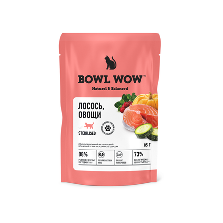 Полнорационный влажный корм BOWL WOW в соусе для стерилизованных кошек с лососем с овощами 85г