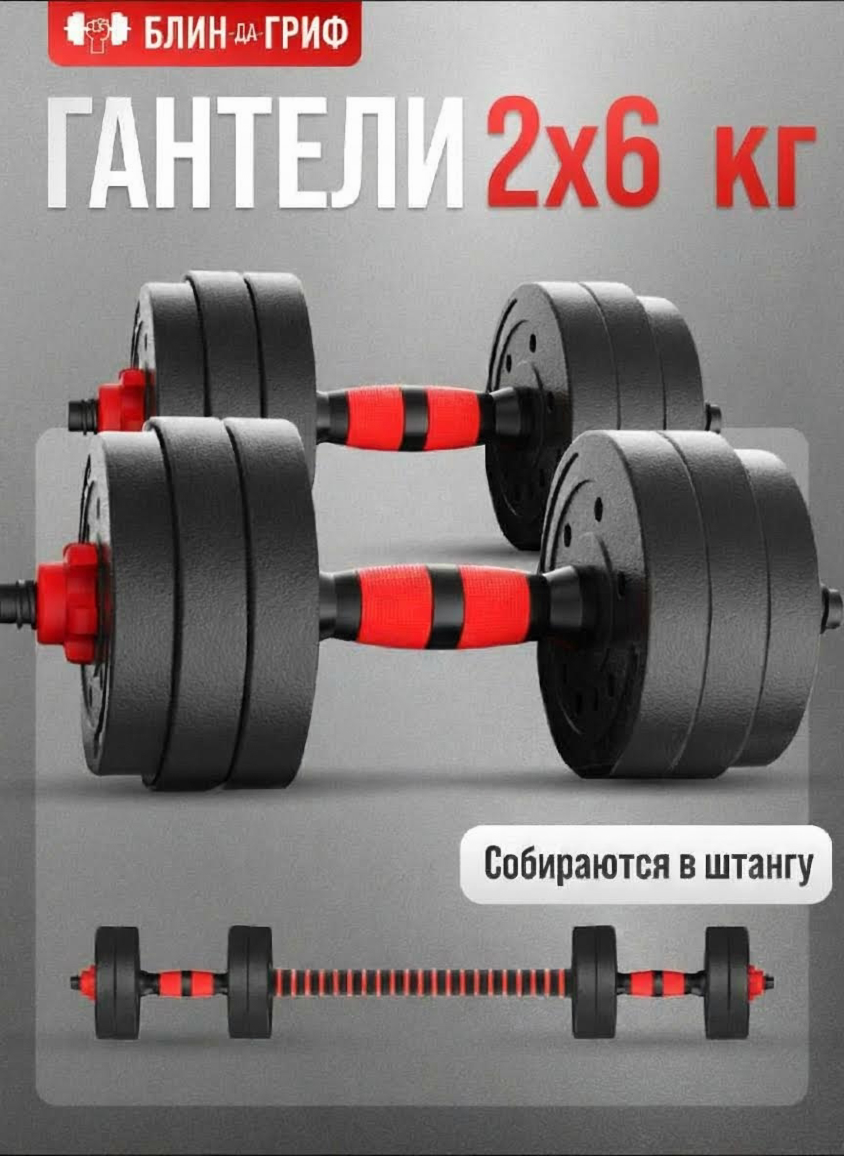 Изображение товара Набор разборных гантелей 6 кг 2 шт с переходником и дисками для фитнеса