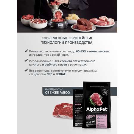 Корм для щенков крупных пород AlphaPet с 6 месяцев до 1.5 лет Superpremium сухой с говядиной и рисом 12кг