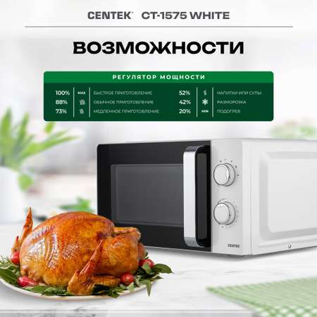 Микроволновая печь CENTEK CT-1575 Белая 700Вт 20л 6 режимов подсветка открывание дверцы ручкой