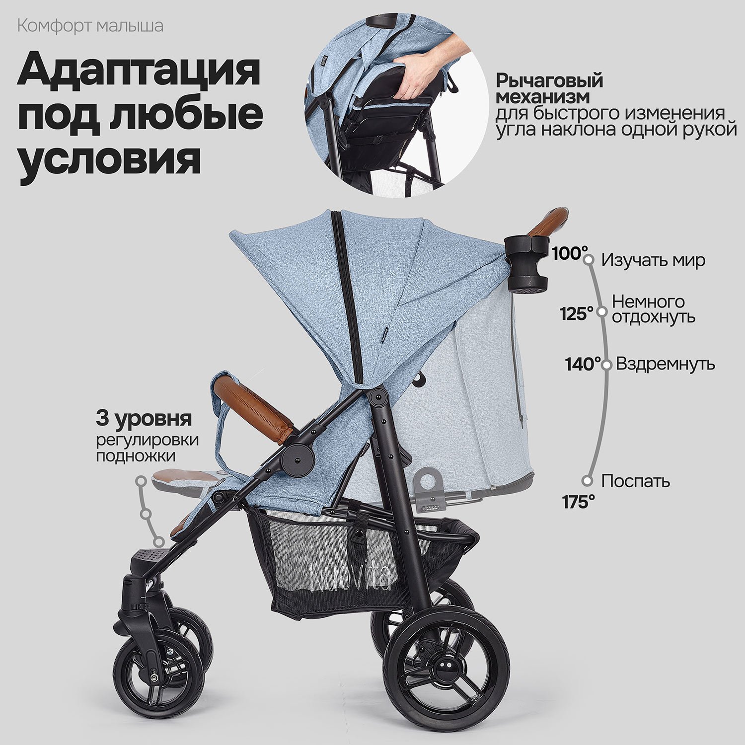 Коляска прогулочная Nuovita Corso голубой - фото 4