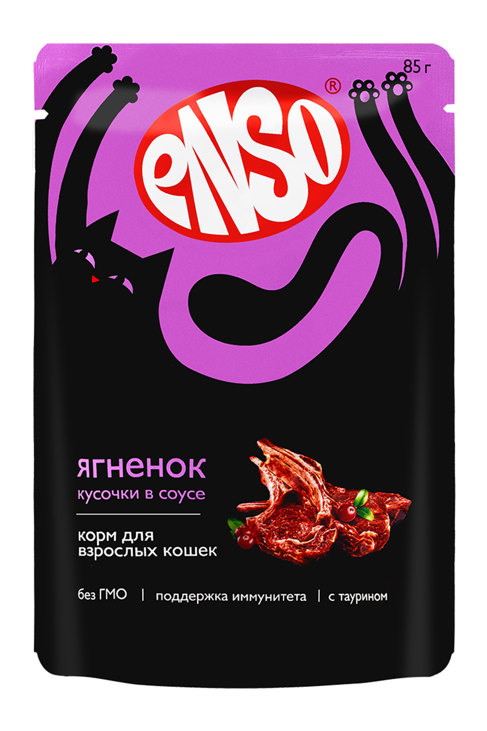 Корм влажный полнорационный ENSO для взрослых кошек с ягненком пауч 85г - фото 1