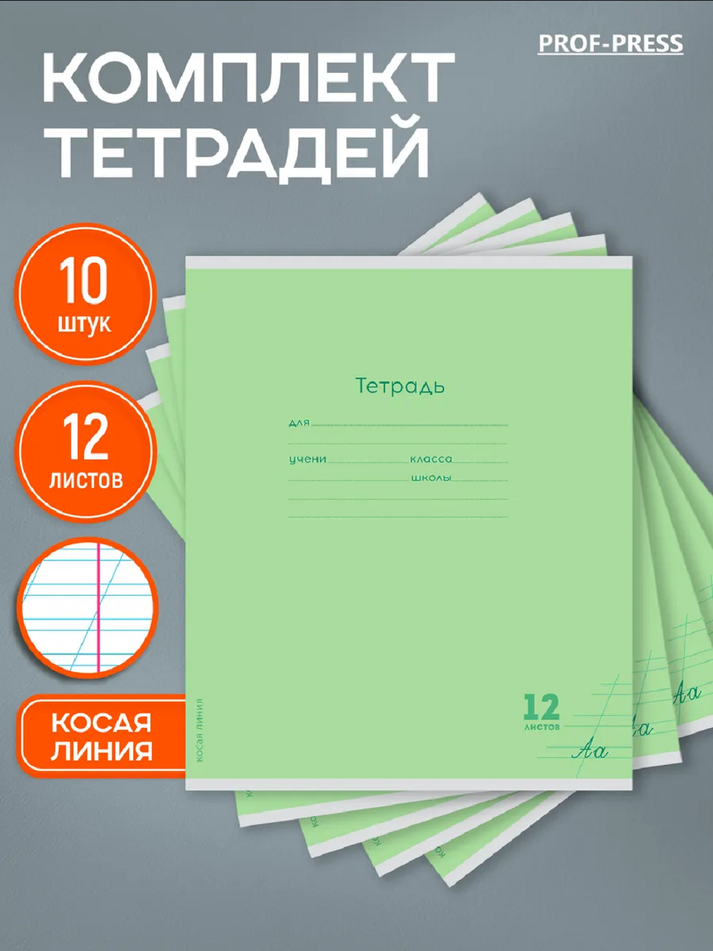 Тетрадь Prof-Press косая линейка 12 лист. 10 шт. - фото 1