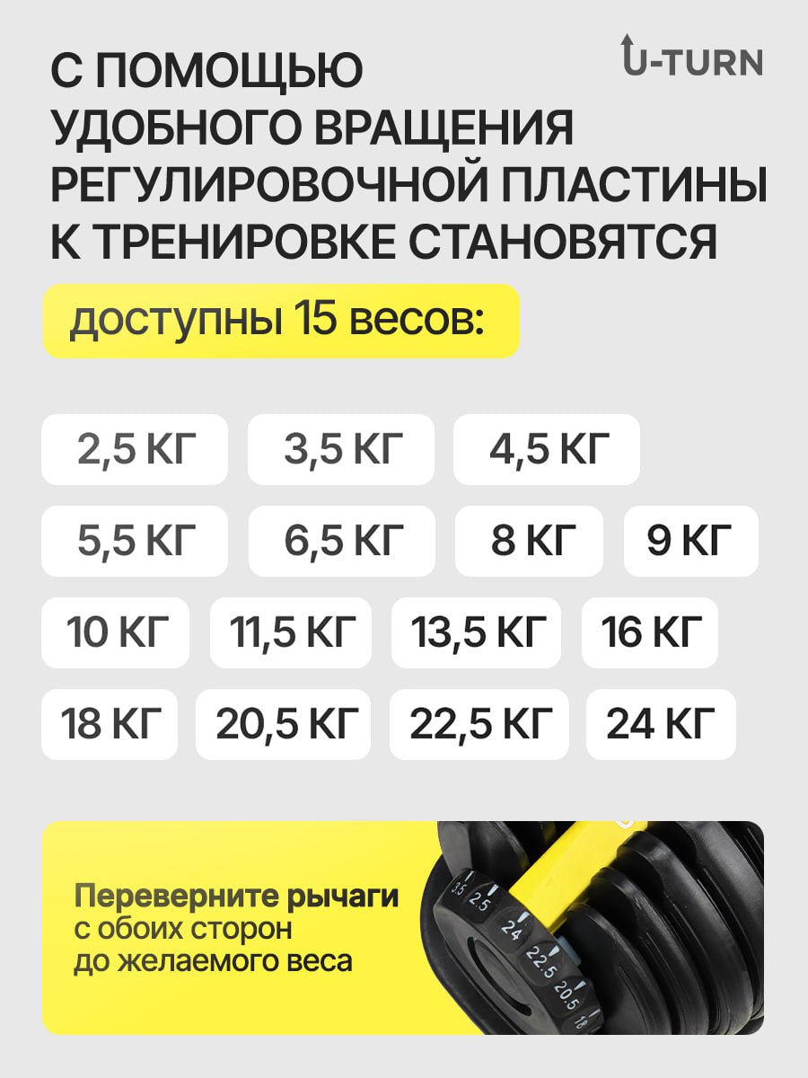 Гантель U-TURN Регулируемая желтая от 2,5 до 24кг - фото 5