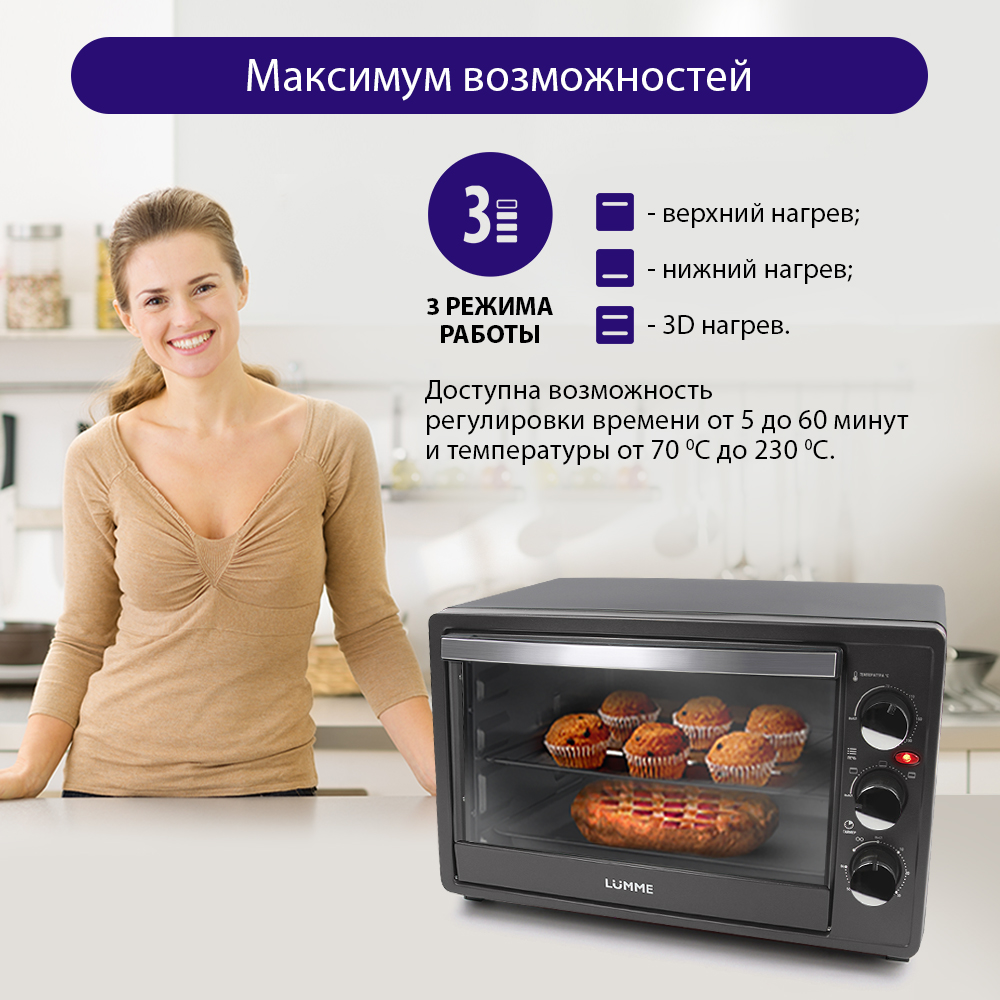 Мини-печь LUMME LU-1706 гриль 33л серый жемчуг - фото 2