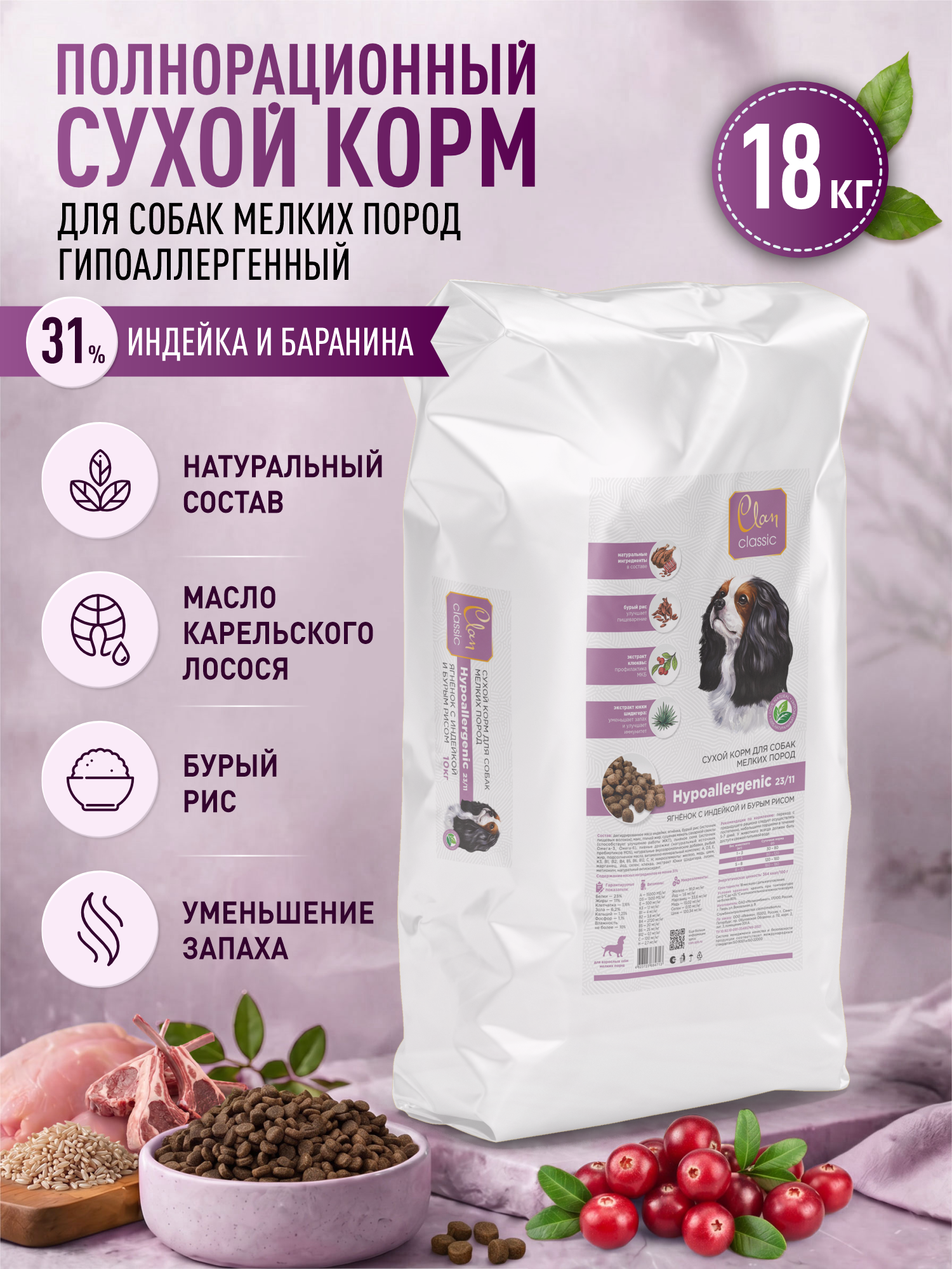 Корм для собак мелких сухой Clan Classic Hypoallergenic 23/11 гипоаллергенный ягненок и индейка 18кг - фото 1
