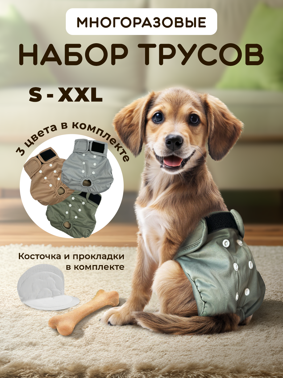 Трусы многоразовые для собак SuperPets размер L, 3 шт, разноцветные - фото 1