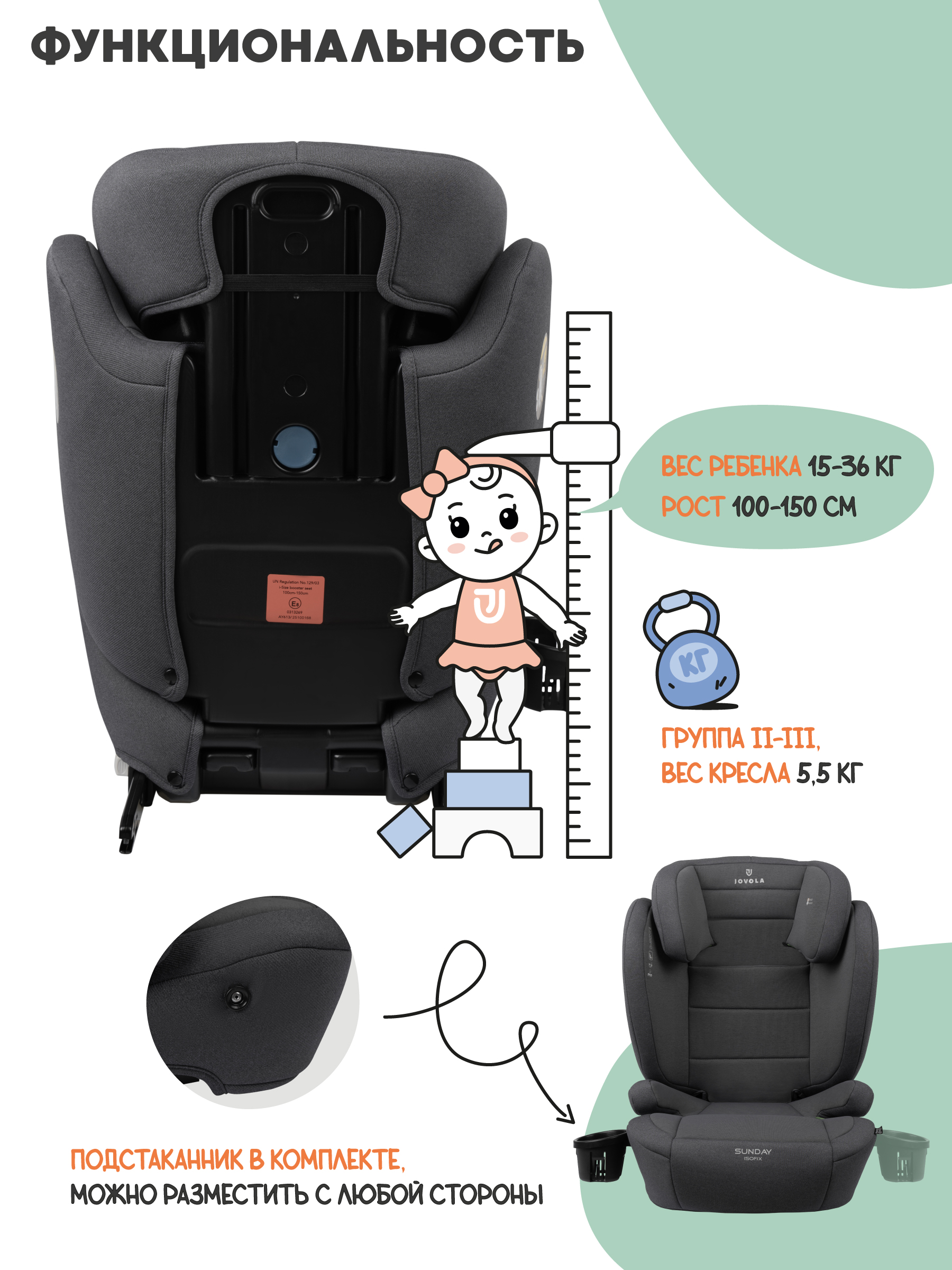 Автокресло JOVOLA Sunday Isofix 2/3 (15-36 кг) серый - фото 2