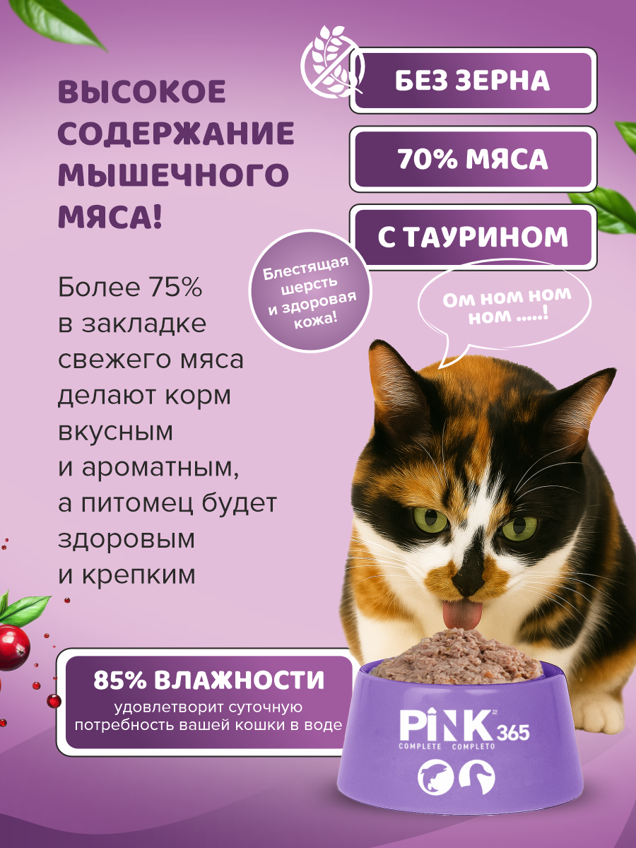 Корм влажный для кошек полнорационный PINK 365 Лосось с уткой и лактоферрином ж/б 175г 8 шт - фото 2