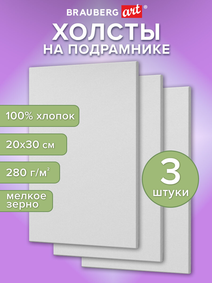 Холст для рисования Brauberg на подрамнике 20х30 см грунтованный 100% хлопок набор 3 штуки - фото 1